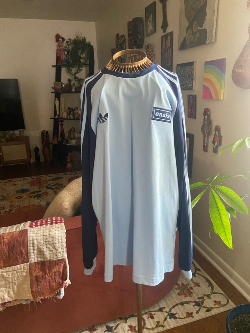 adidas Light Blue and Navy Long Sleeve Football Shirt with Oasis Patch